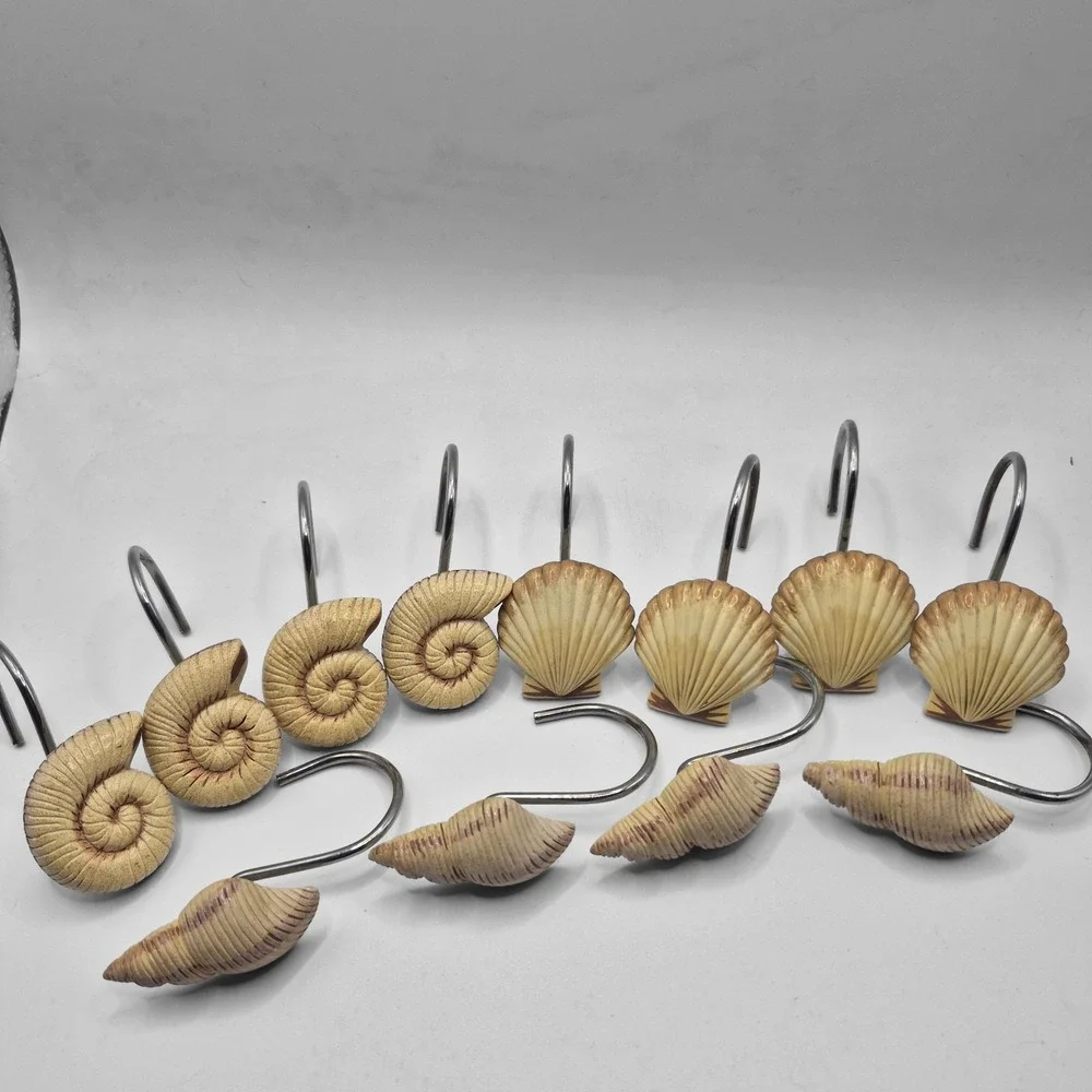 Sea Shells Shower Curtain Hooks Set of 12 Ocean Beach House Cream Beige Tan